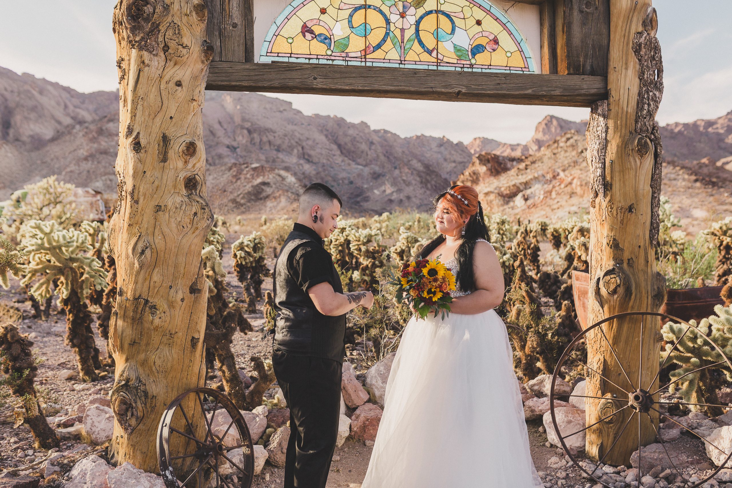 A bride and groom exchanging vows at Nelson Ghost Town in Las Vegas, Nevada