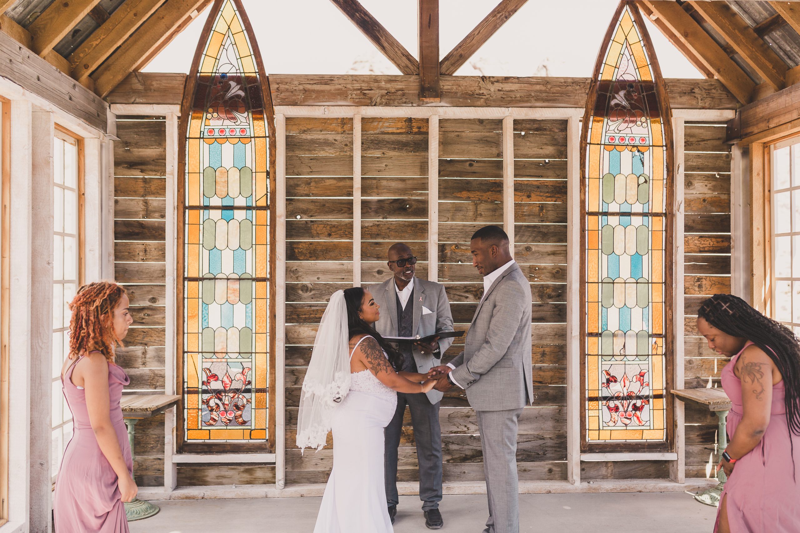 A bride and groom exchanging vows at the chapel within Nelson Ghost Town in Las Vegas
