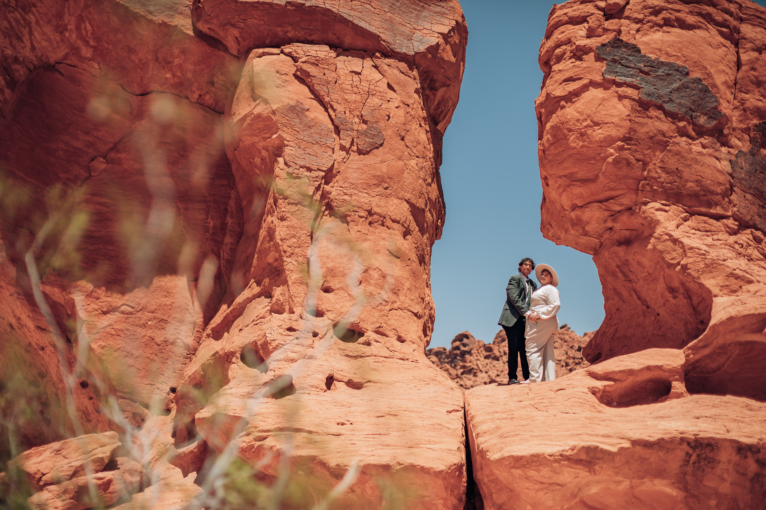 A couple poses after their elopement in Seven Sister's within Las Vegas, Nevada